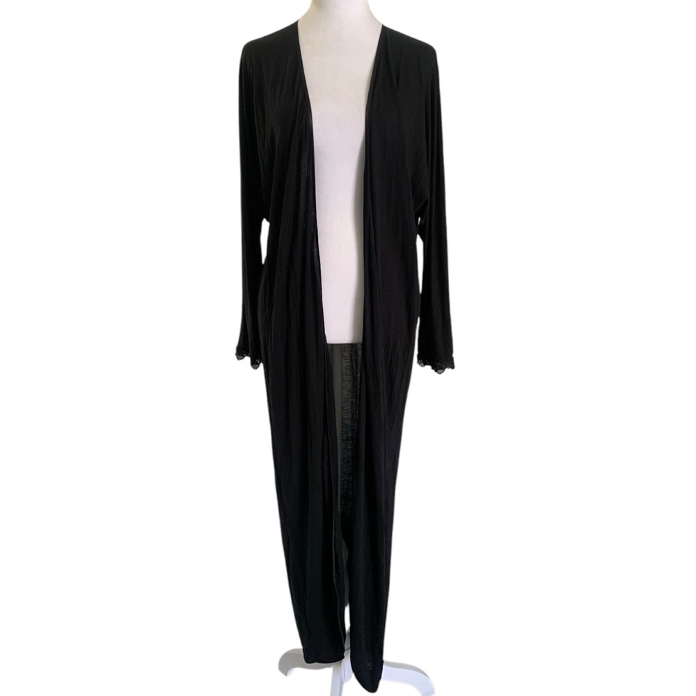 Hanro of Switzerland Black XS Lightweight Lace Satin Trim Open Front Cover Up